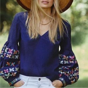 Anthropologie Maeve Sonja Embroidered Navy Top Women’s Size 10 Balloon Sleeve